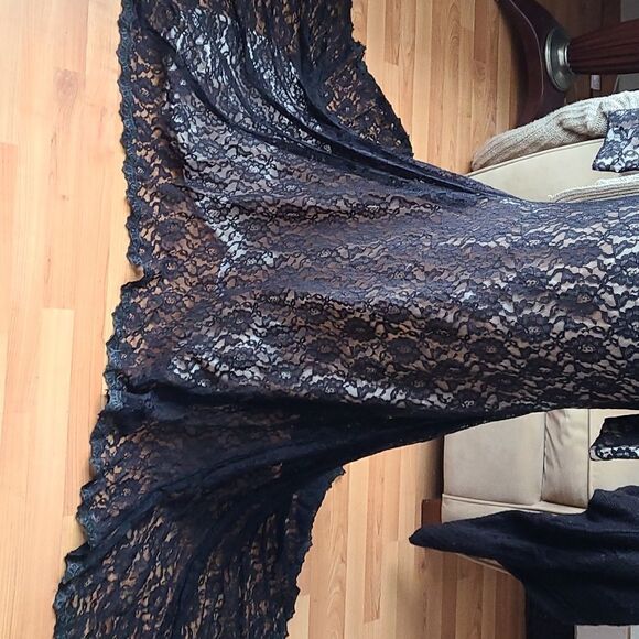 Black Lace Formal Gown Grad Bridesmaid Low Back with Train - Picture 12 of 15